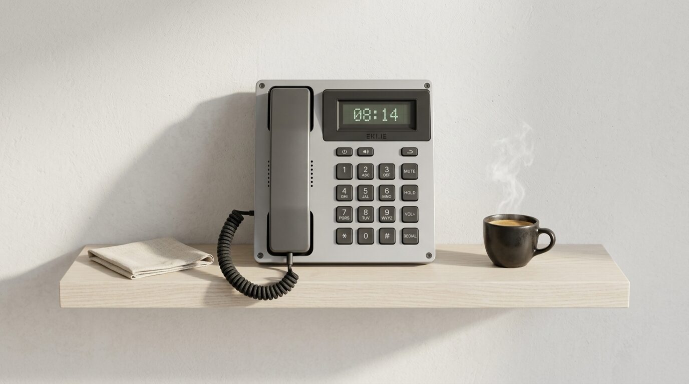 Eklie console on a floating ash shelf beside a ceramic espresso cup. The screen reads 08:14.