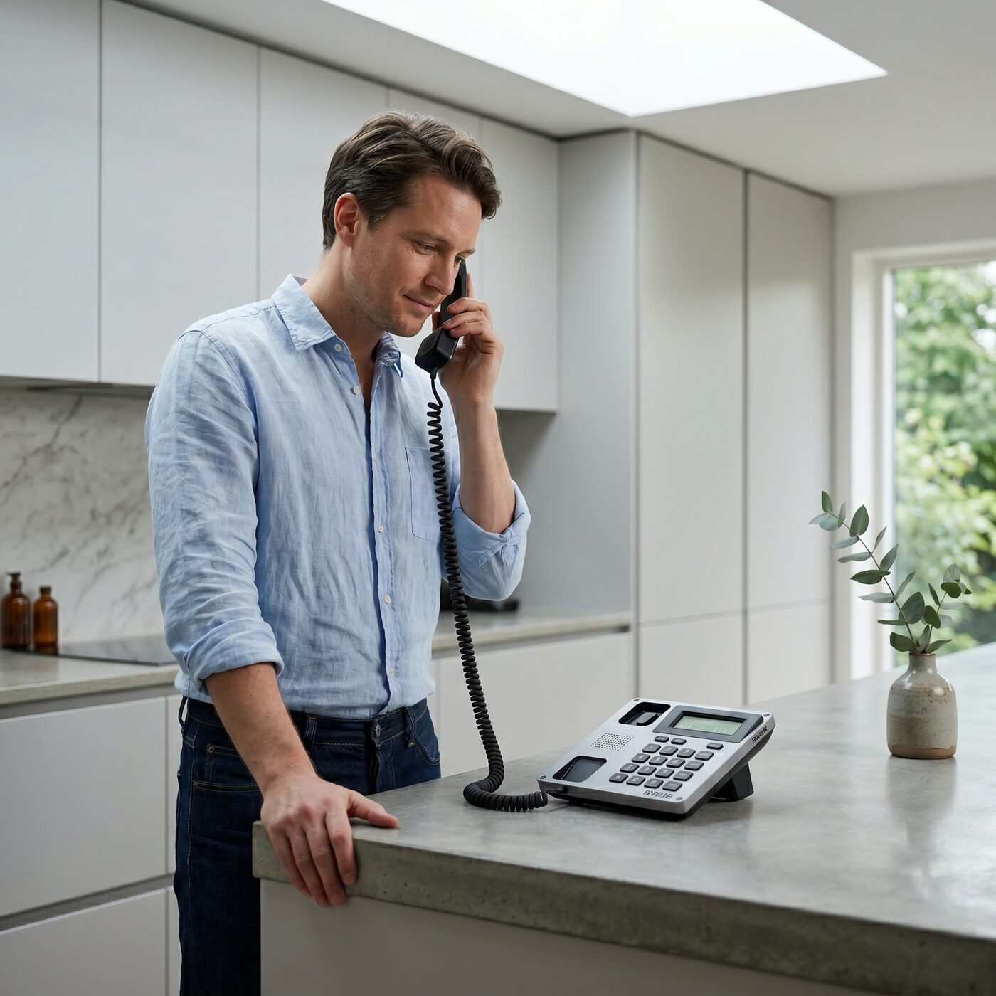 A man leans on a concrete kitchen island with the Eklie handset to his ear, eucalyptus stem on the counter.