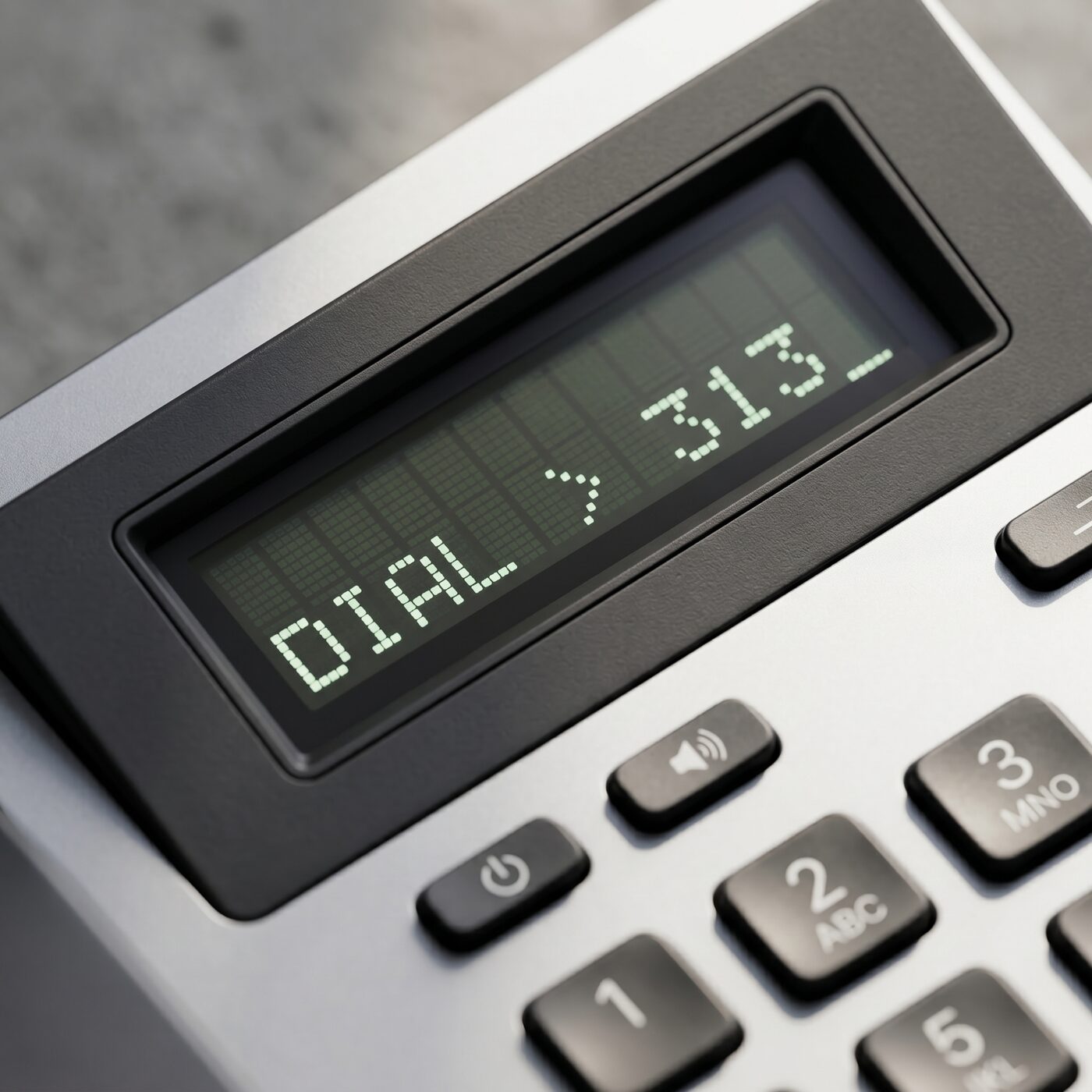 Macro three-quarter of the dot-matrix screen reading DIAL > 313 beside the matte-black keypad.