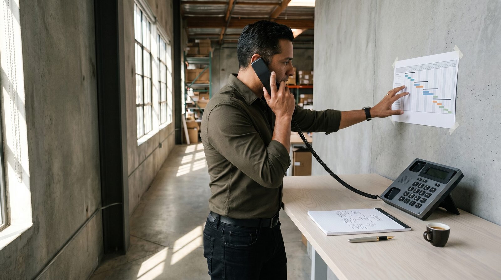 A founder taking the morning Assistant call in a loft office.