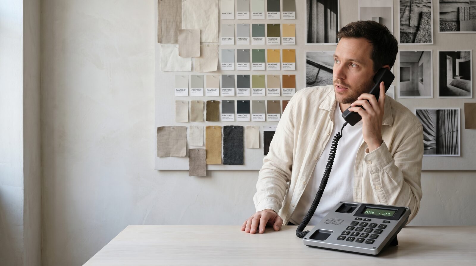 A creative director taking a call beside a moodboard of Pantone chips and fabric.