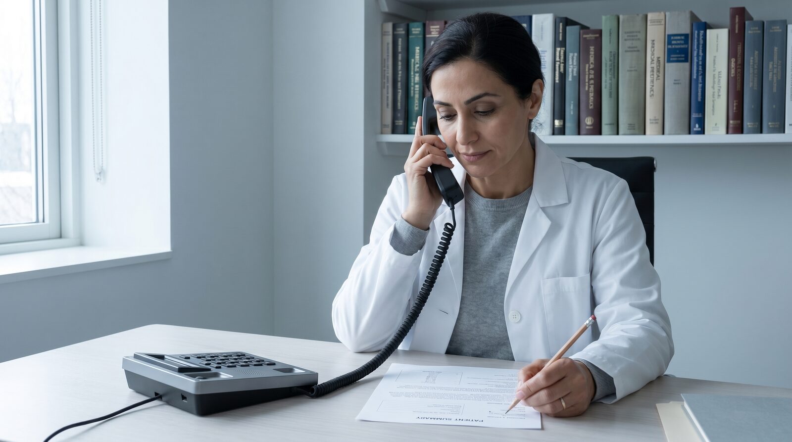 A clinician-like professional reviewing a contract while on the line with Legal.