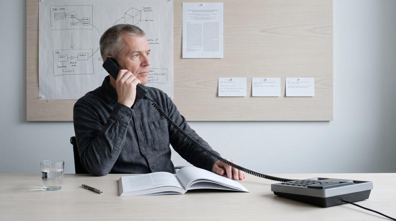 A researcher pacing in front of a wall of system diagrams while on the line with Engineering.