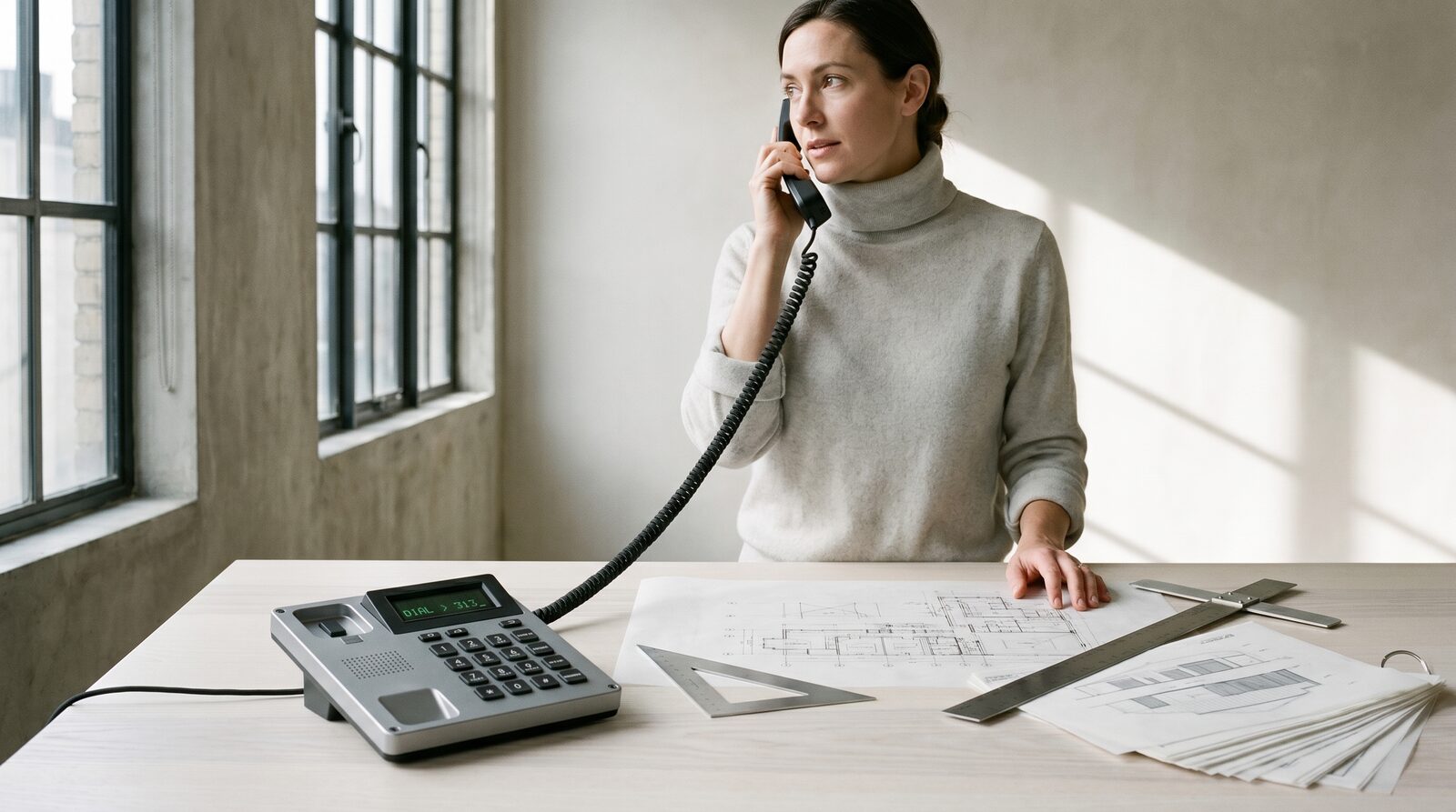 An architect at a drafting table on a call to a custom extension.