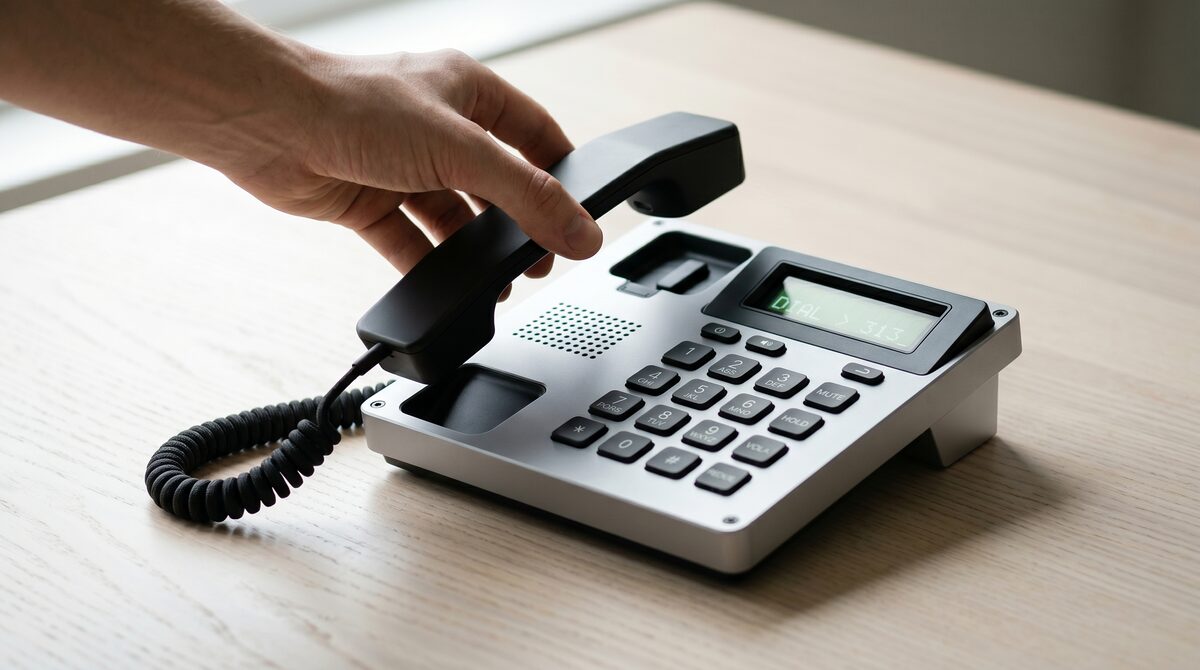 A hand lifts the matte-black Eklie handset from its cradle. The dot-matrix screen reads DIAL > 313.